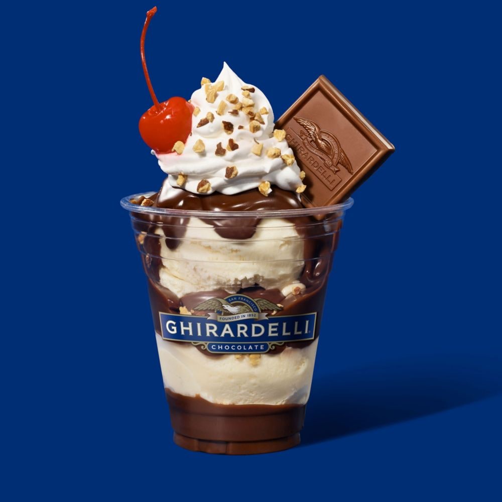 Satisfy your sweet tooth with the World Famous Hot Fudge Sundae. slide 27 of 6 Vanilla ice cream topped with hot fudge, whipped cream, diced almonds, a cherry and a chocolate square