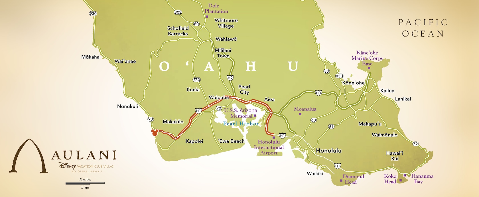ホノルルから、オアフ島西南岸にあるアウラニ・リゾート & スパへのアクセスを示す地図