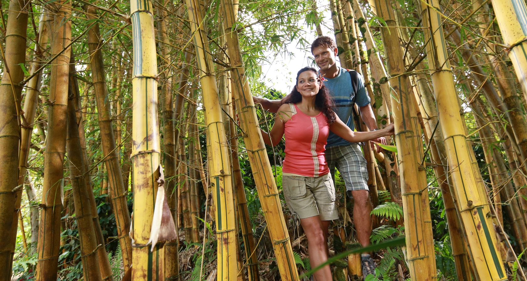 A young man and woman hike a trail through a tall bamboo forest