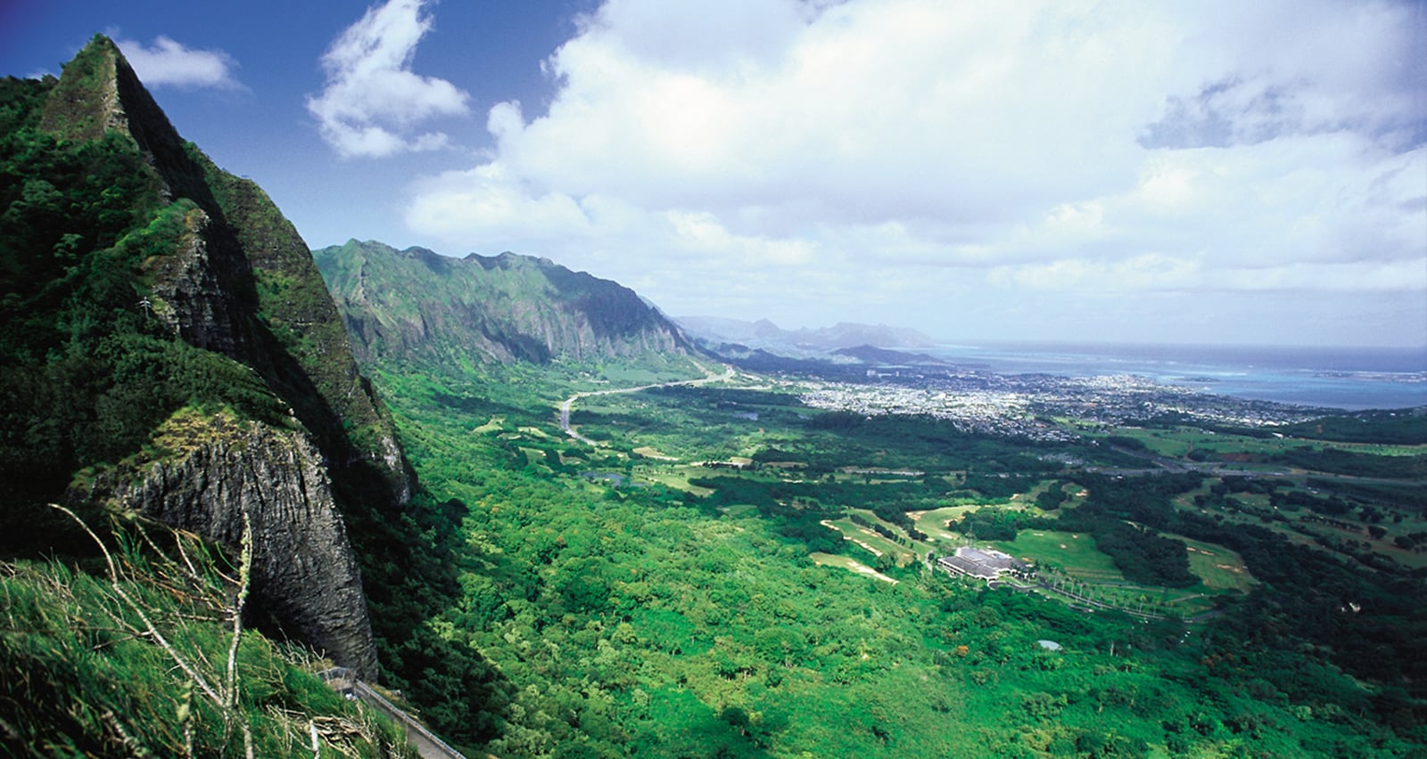 A sweeping view of the mountains, valleys and coastline of the Big Island of Hawaii