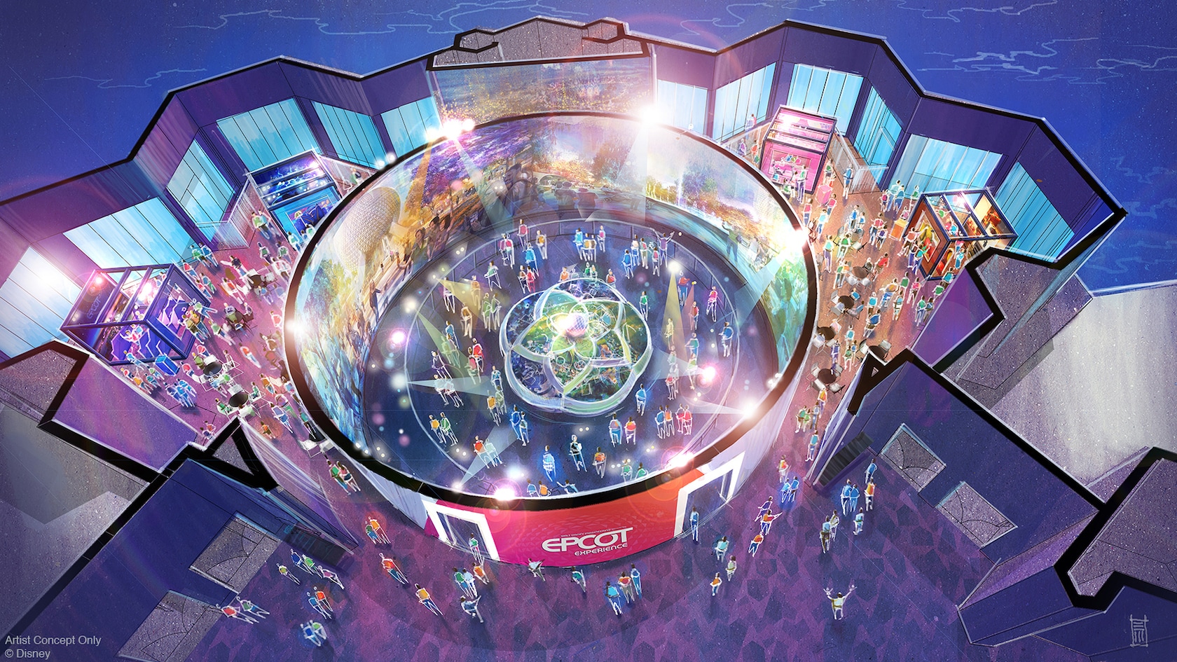 An artists rendering of the exhibits on display at Walt Disney Imagineering Presents the Epcot Experience 