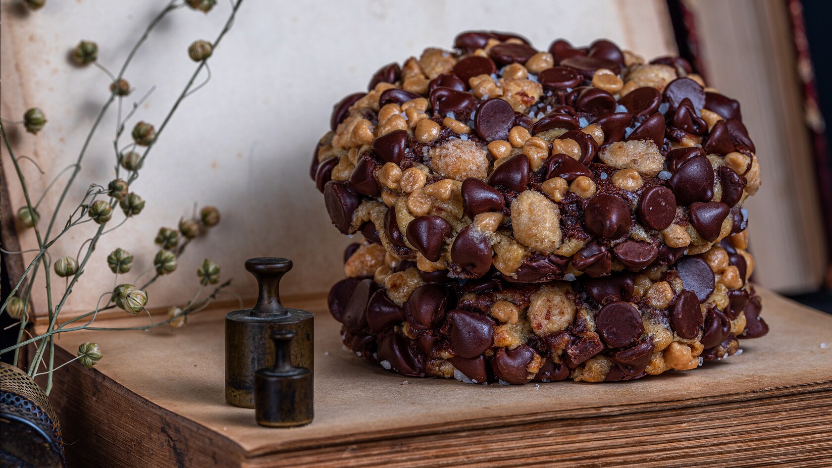Two Chocolate Peanut Butter Swirl Cookies stacked on a book