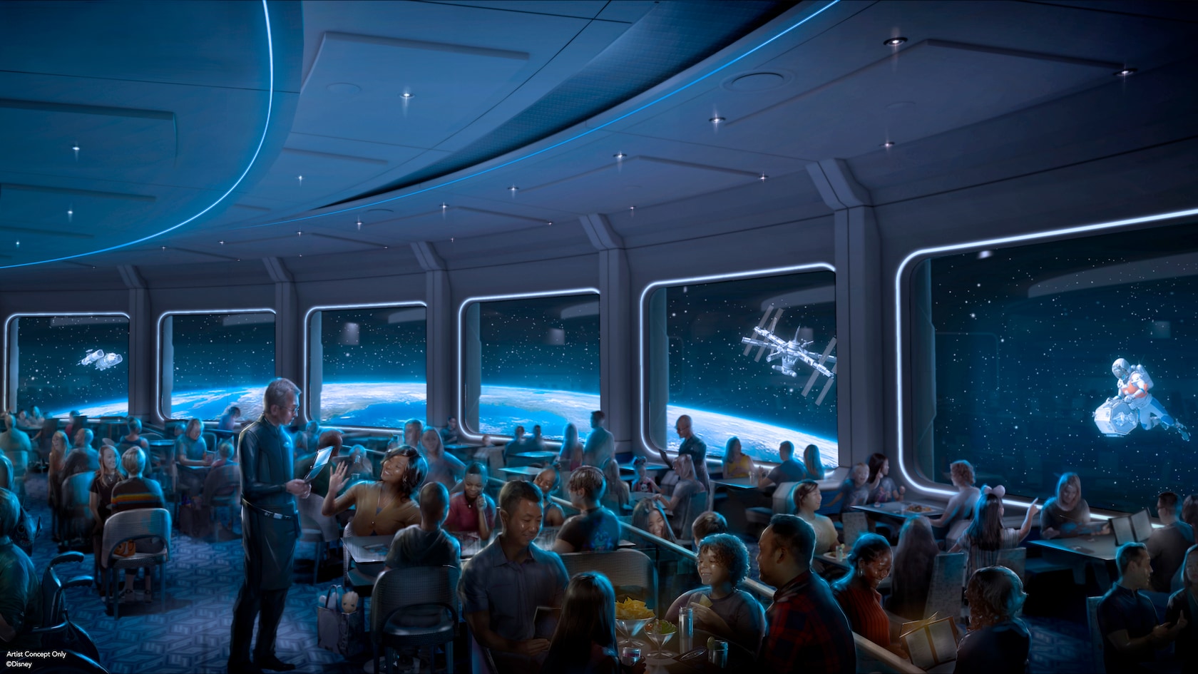 A rendering of a crowded restaurant themed to look like a space station just above the planet Earth
