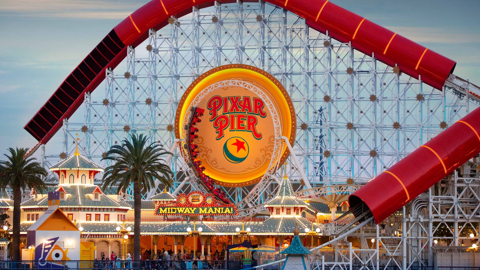 The round Pixar Pier sign at the center of Incredicoaster