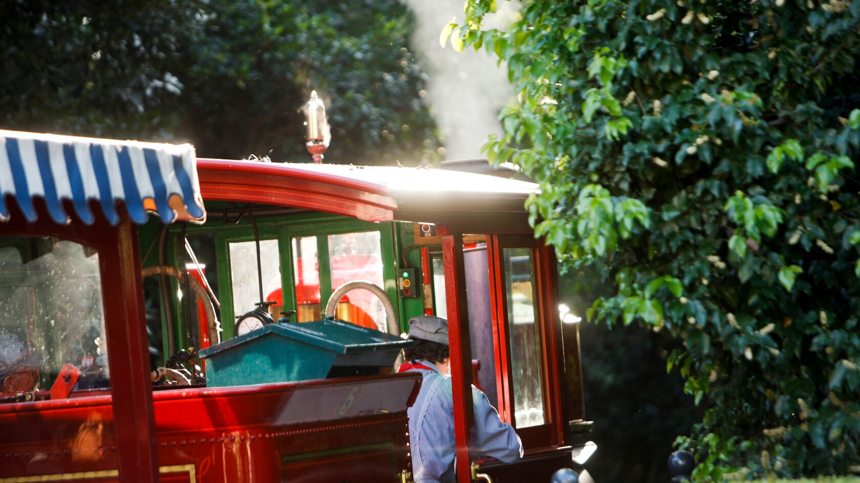 A train engineer drives a steaming locomotive on the Disneyland Railroad