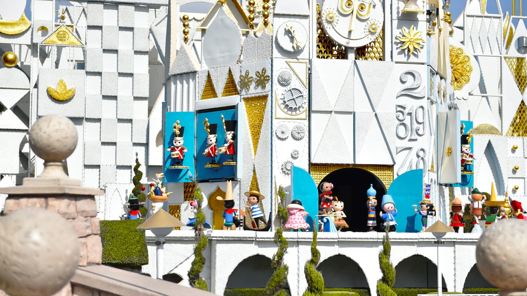 The fanciful it’s a small world facade is full of whimsical detail
