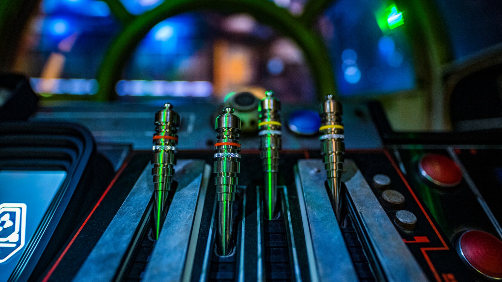 The hyperdrive controls inside the cockpit of the Millennium Falcon.