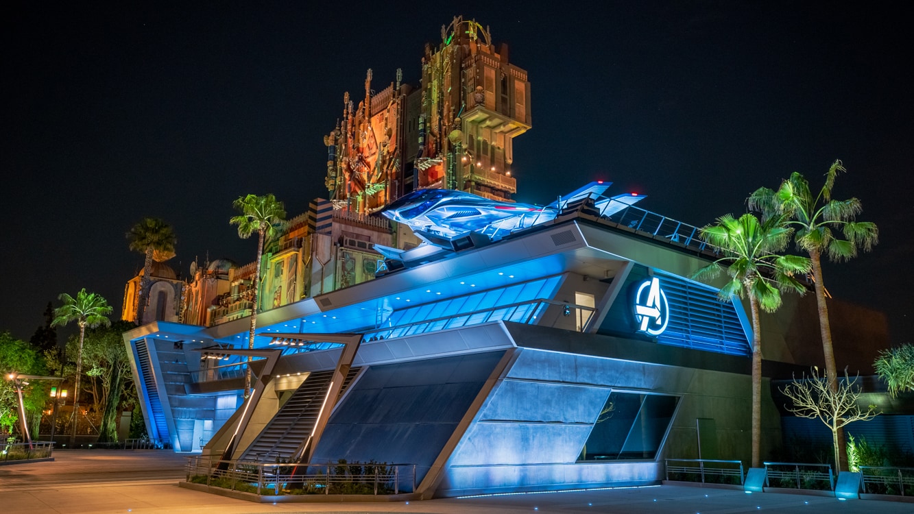Avengers Headquarters at night, illuminated by blue lights