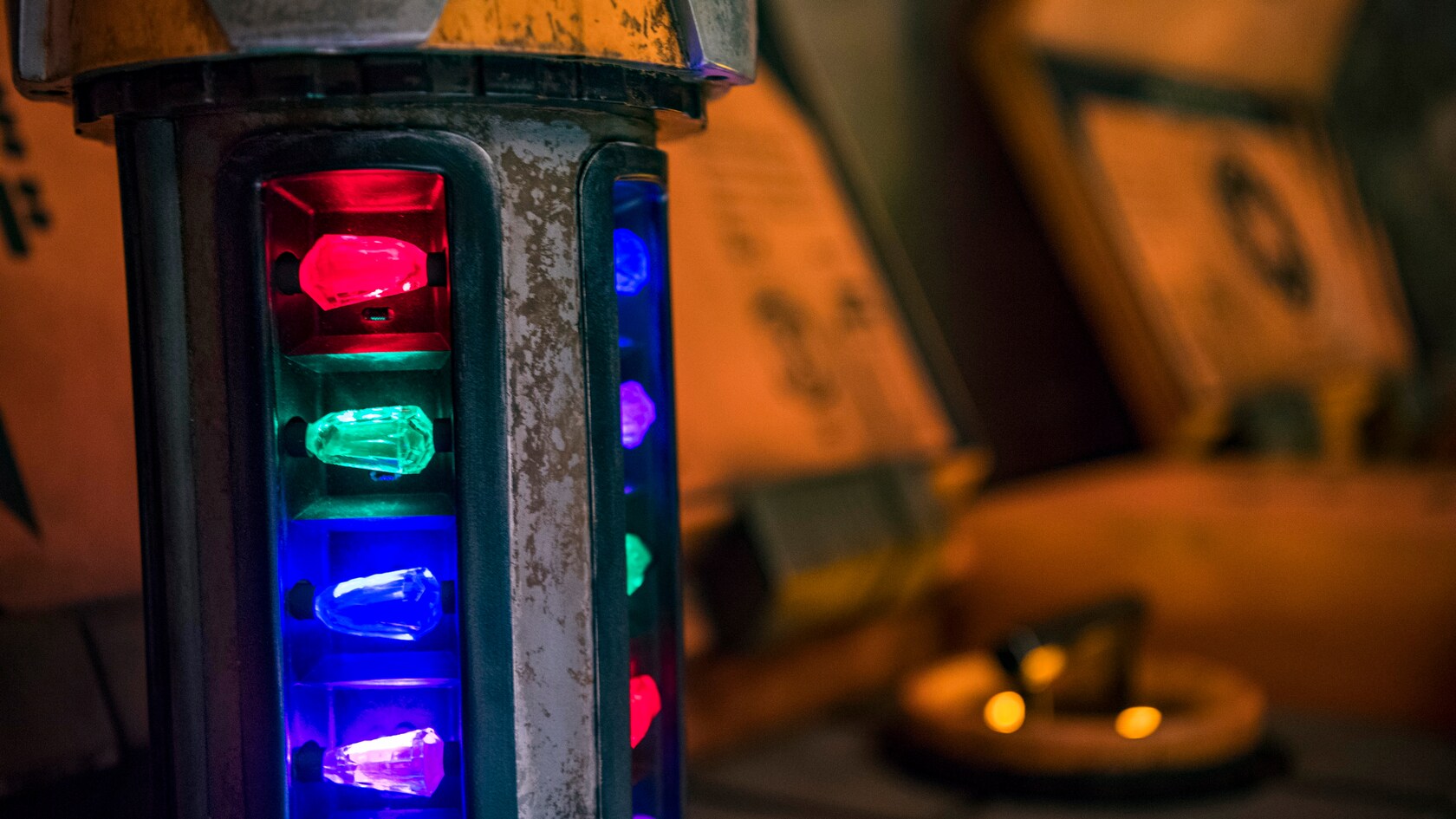  Illuminated kyber crystals inside a rusty canister at Savi’s Workshop Handbuilt Lightsabers