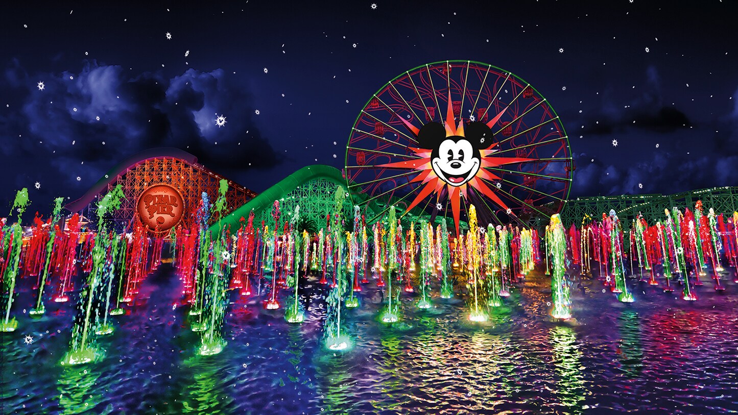 The fountains, lasers and projections at the World of Color nighttime spectacular light up the night sky