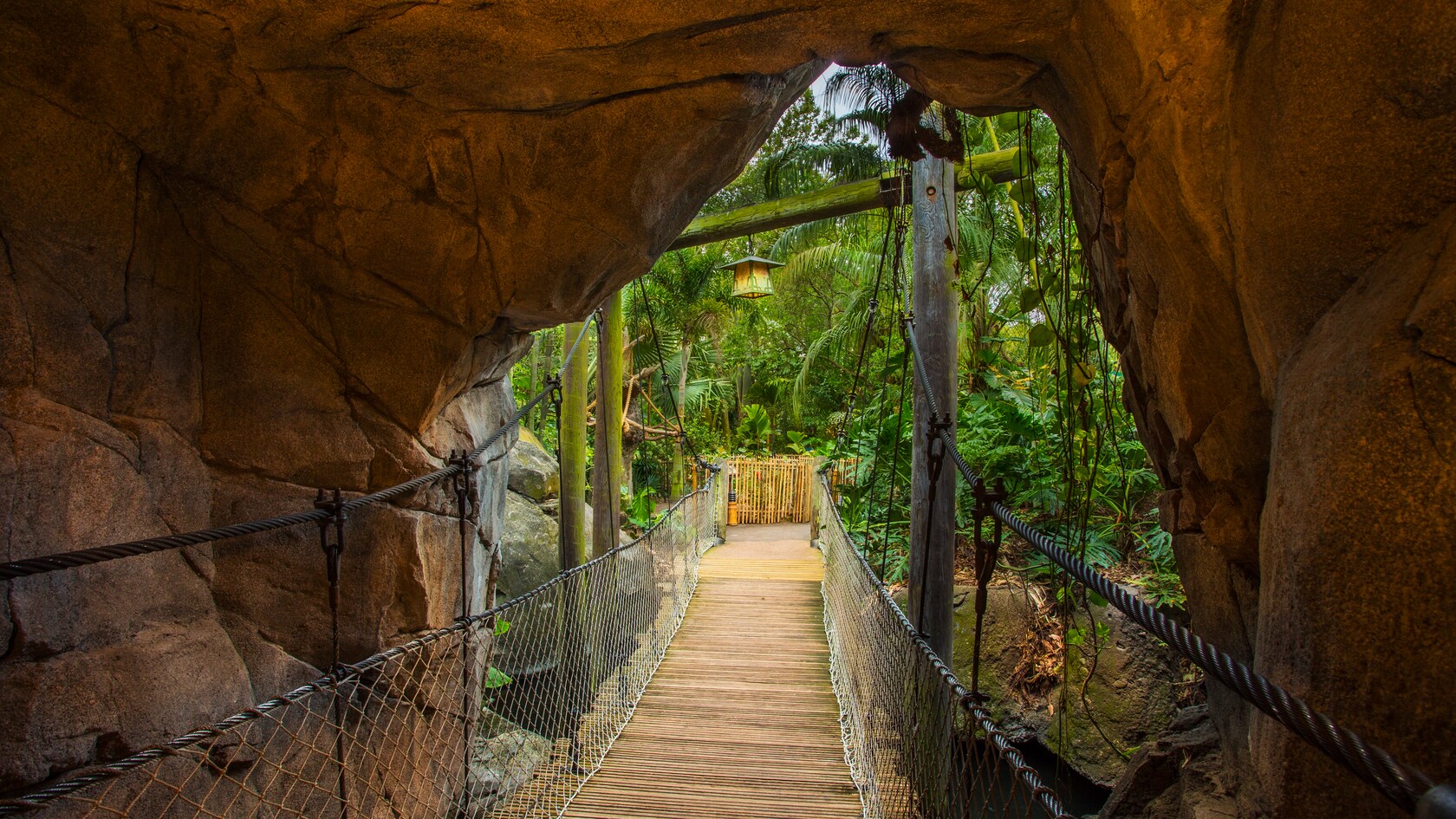 Uma ponte suspensa pequena começa em uma caverna e termina em uma floresta