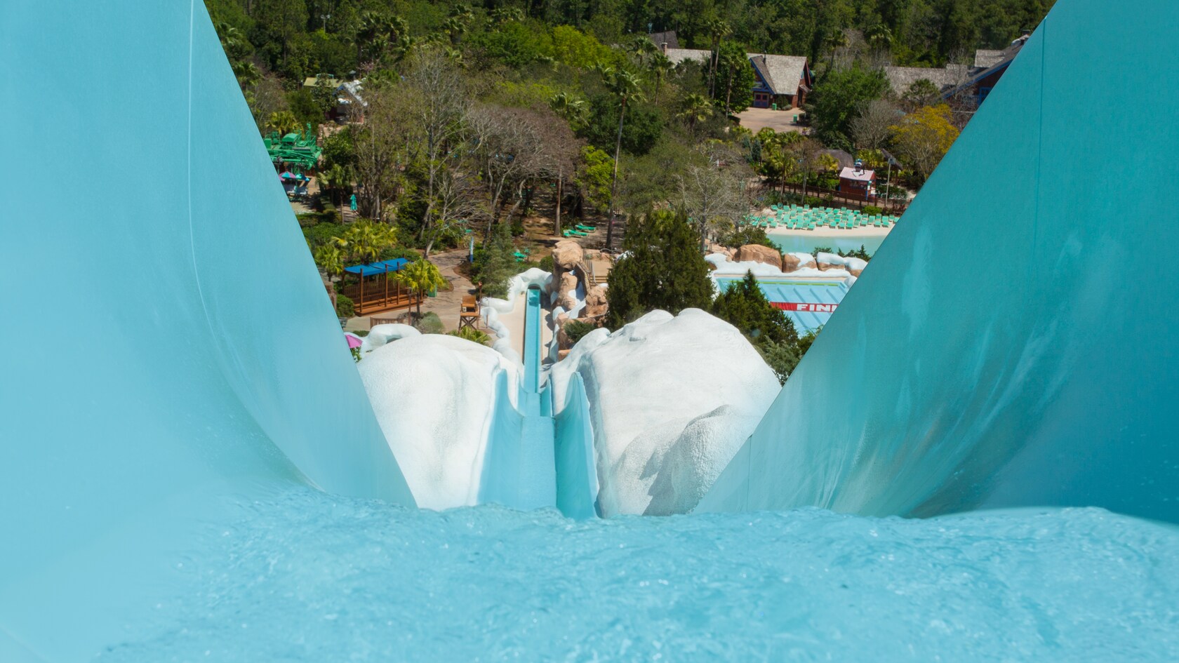 The view from the top of Slush Gusher down the waterslide's 2 rolling hills
