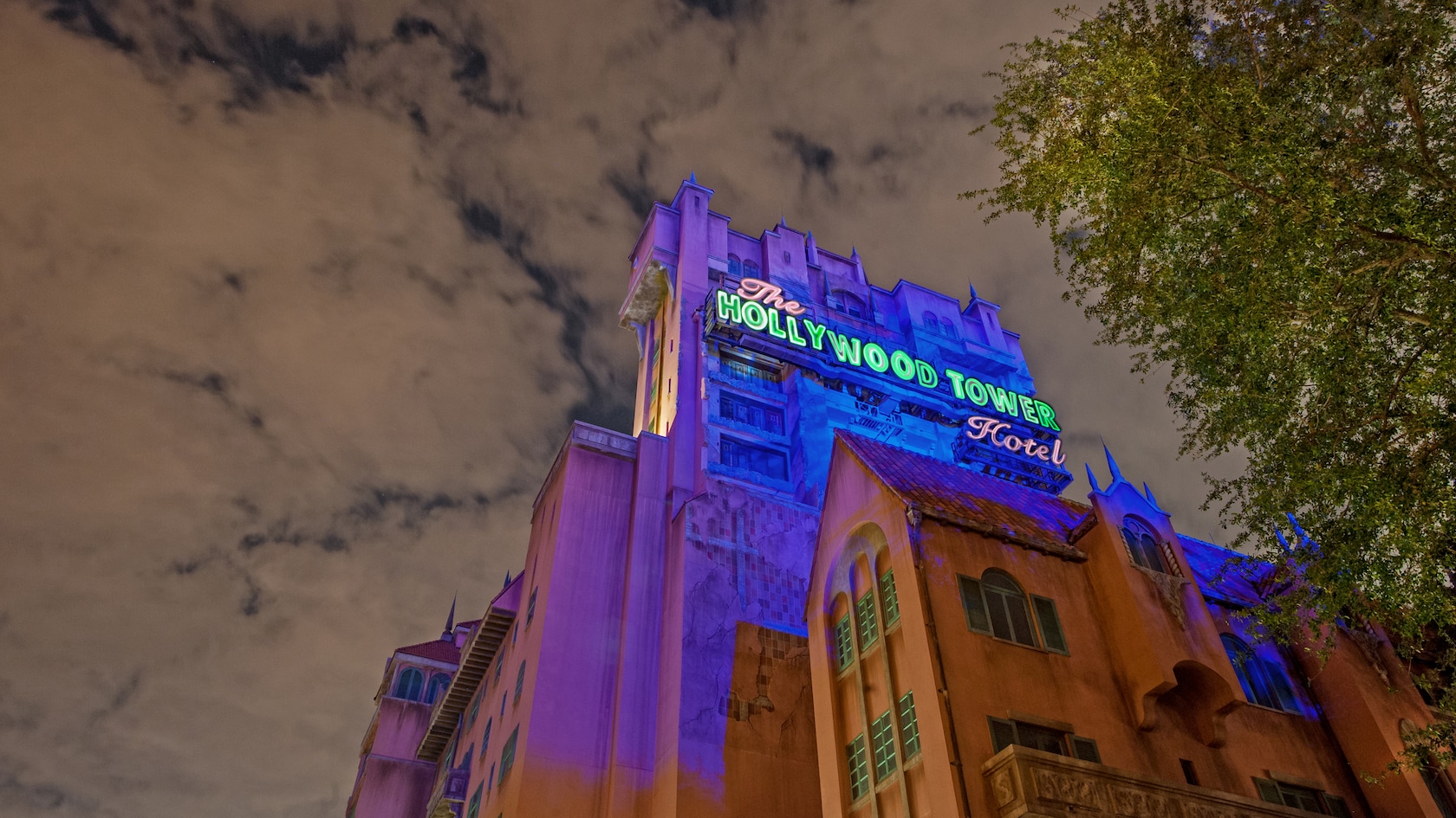 Neon lights on the Hollywood Tower Hotel, home to The Twilight Zone Tower of Terror