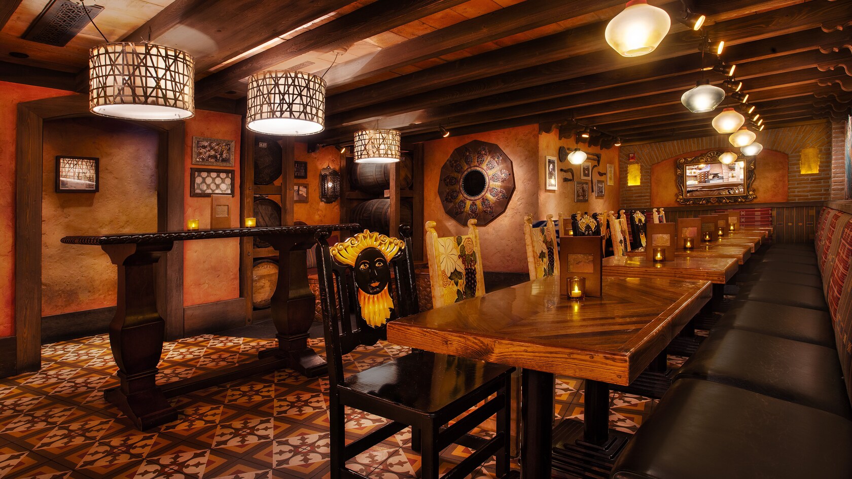 Panoramic view of dining tables, chairs and bench seats