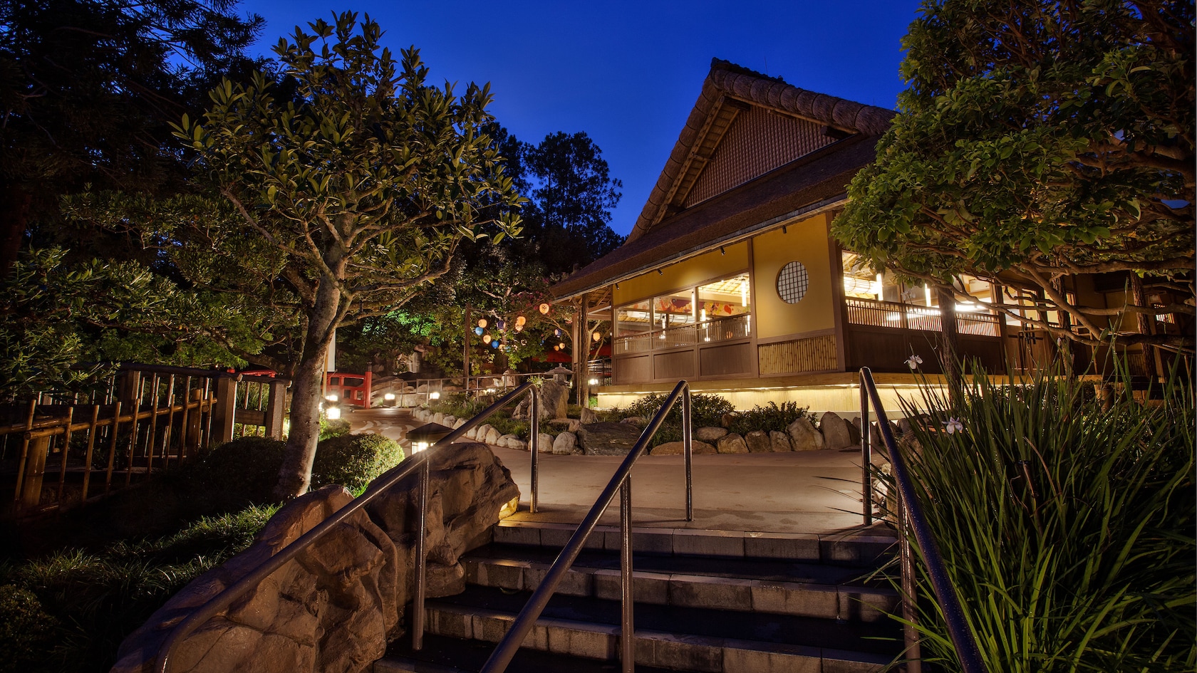 Katsura Grill at EPCOT, lit up at night