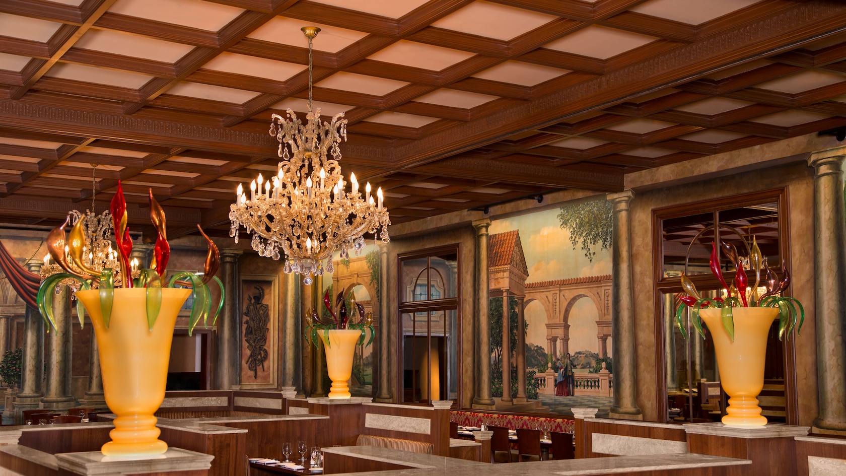 An ornate chandelier in the main dining area