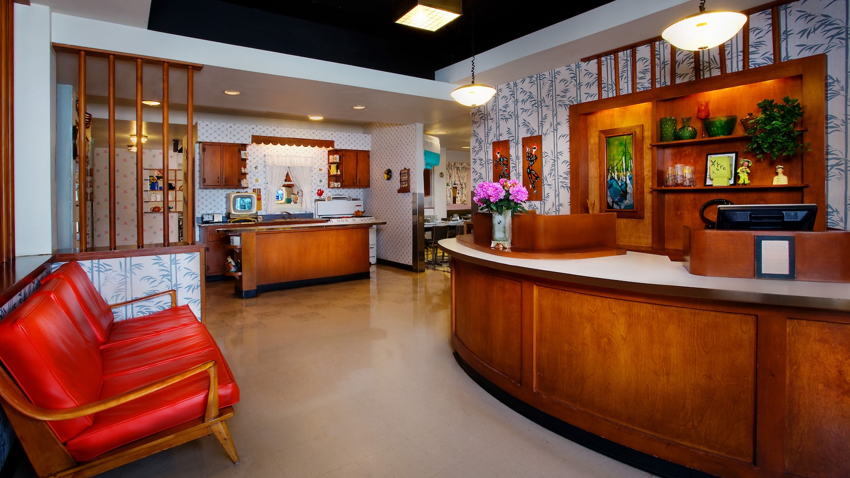 Waiting area inside 50's Prime Time Café, filled with mid-'50s knick-knacks and memorabilia