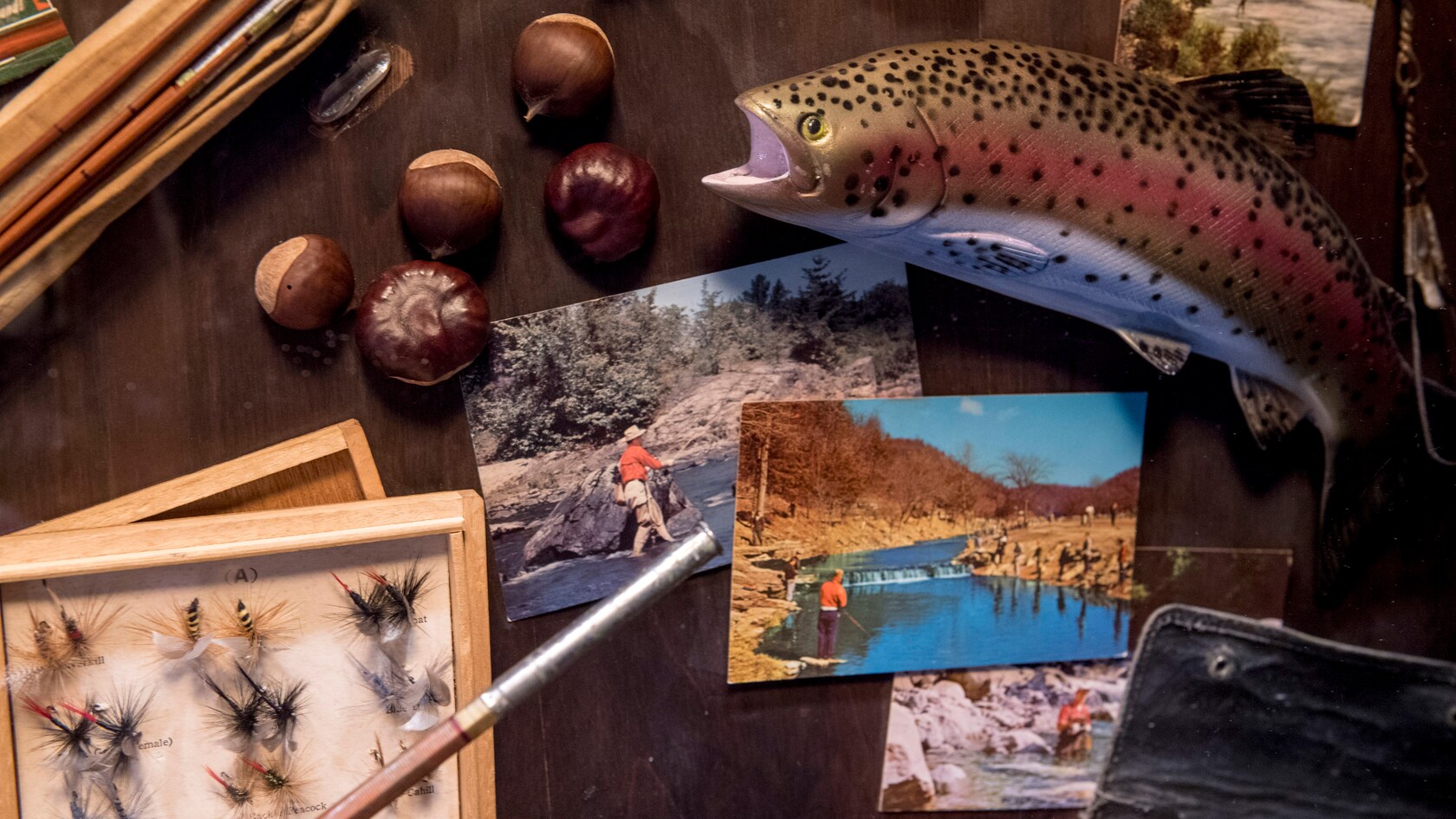 Uma coleção de decorações temáticas de pesca, incluindo fotos e uma estátua de um peixe