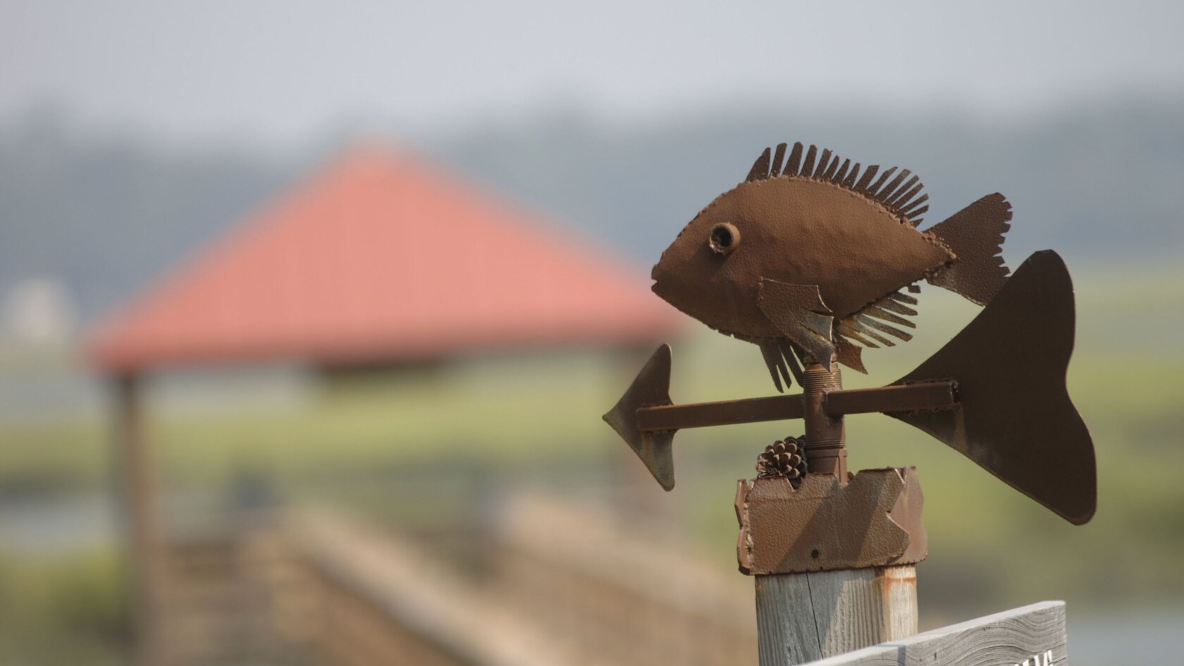  A weather vane shaped like a fish mounted on a wooden post against a blurred background of a landscape 