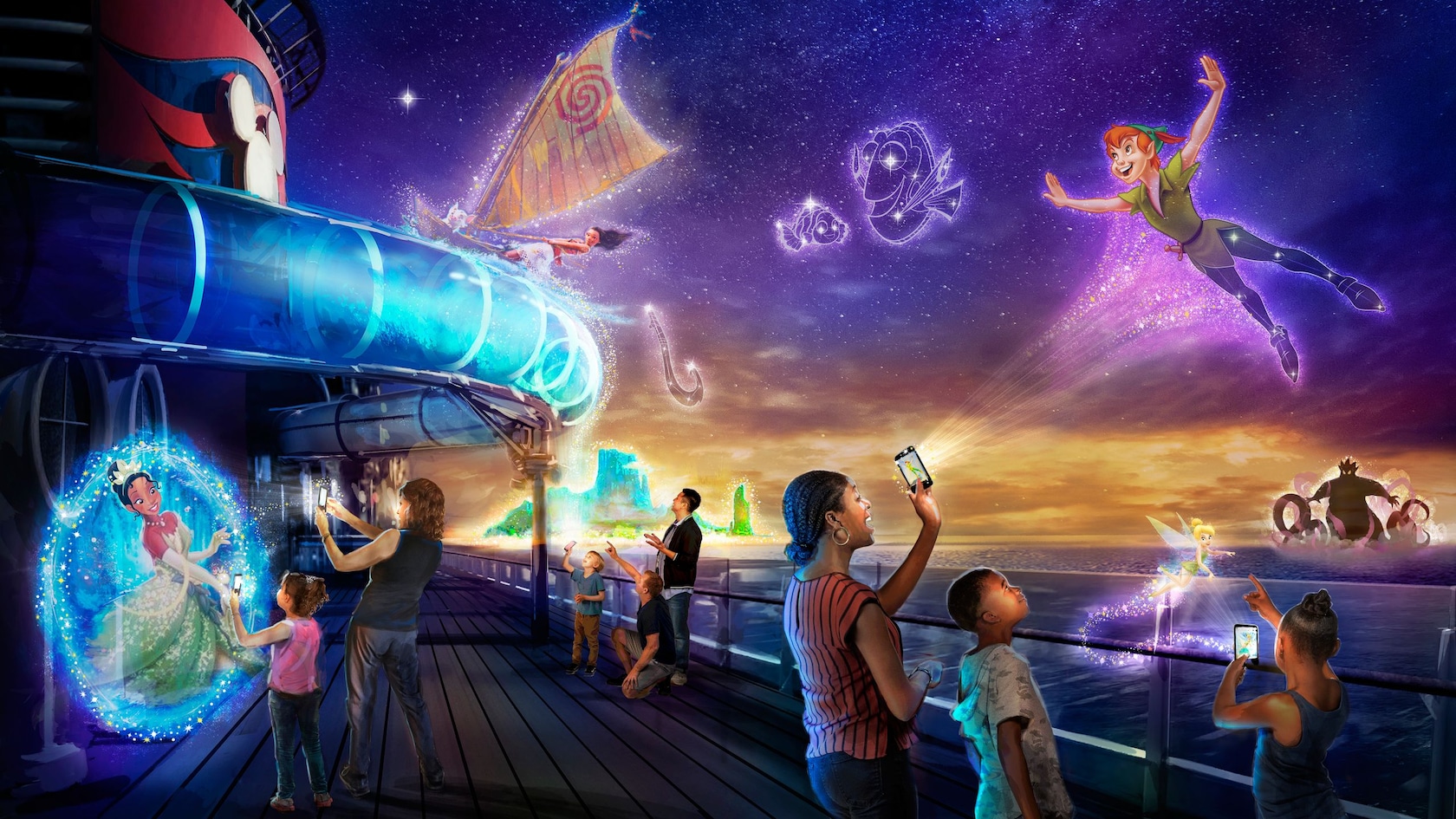Drawing of families on a ship’s deck seeing augmented reality of Peter Pan, Tinker Bell and Tiana on mobile phones 