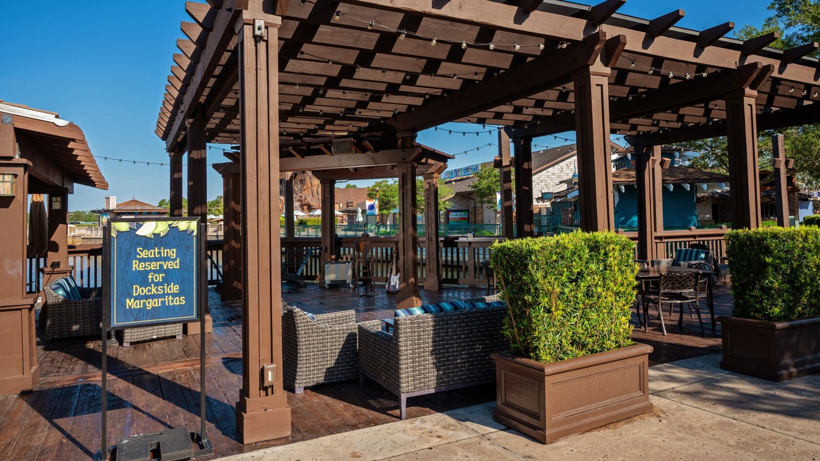 The outdoor dining space with couches and tables at Dockside Margaritas in Disney Springs