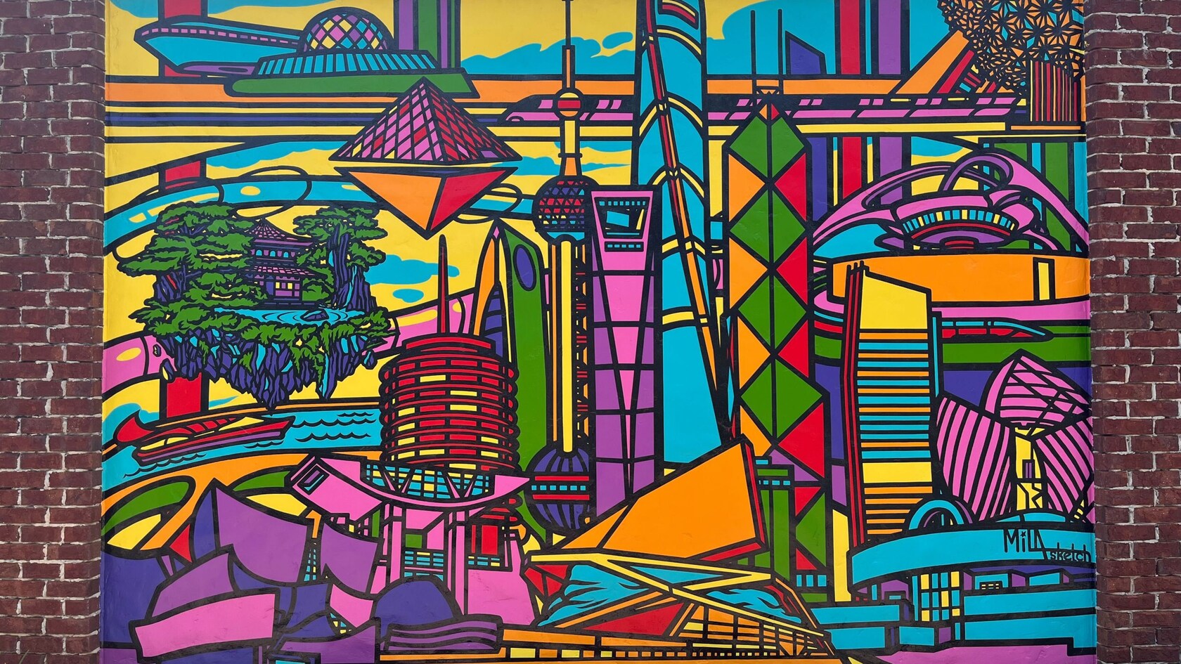 Un mural con edificios de ciudades de todo el mundo