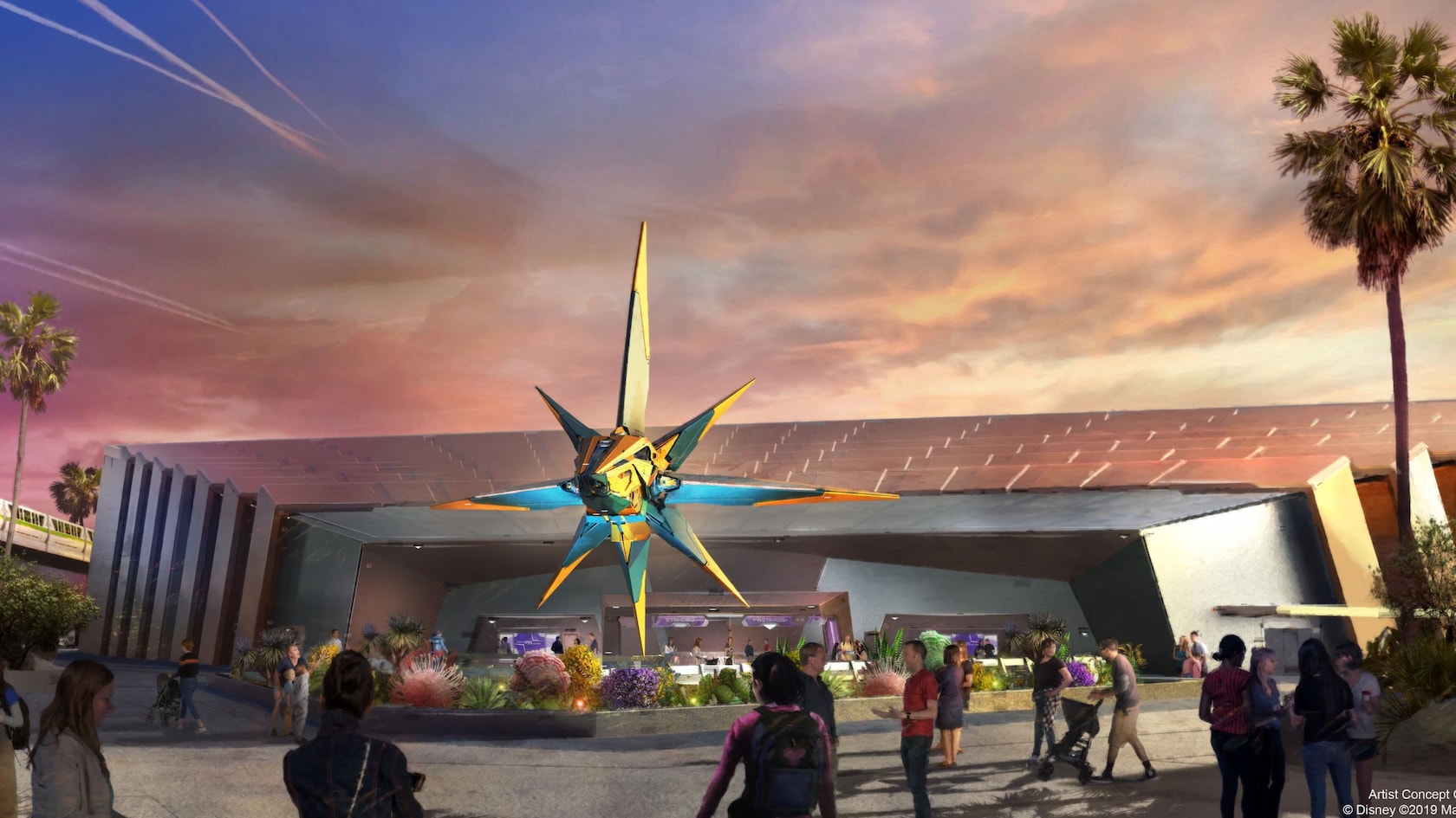 An artist rendering of exterior of the Guardians of the Galaxy: Cosmic Rewind attraction coming to Epcot