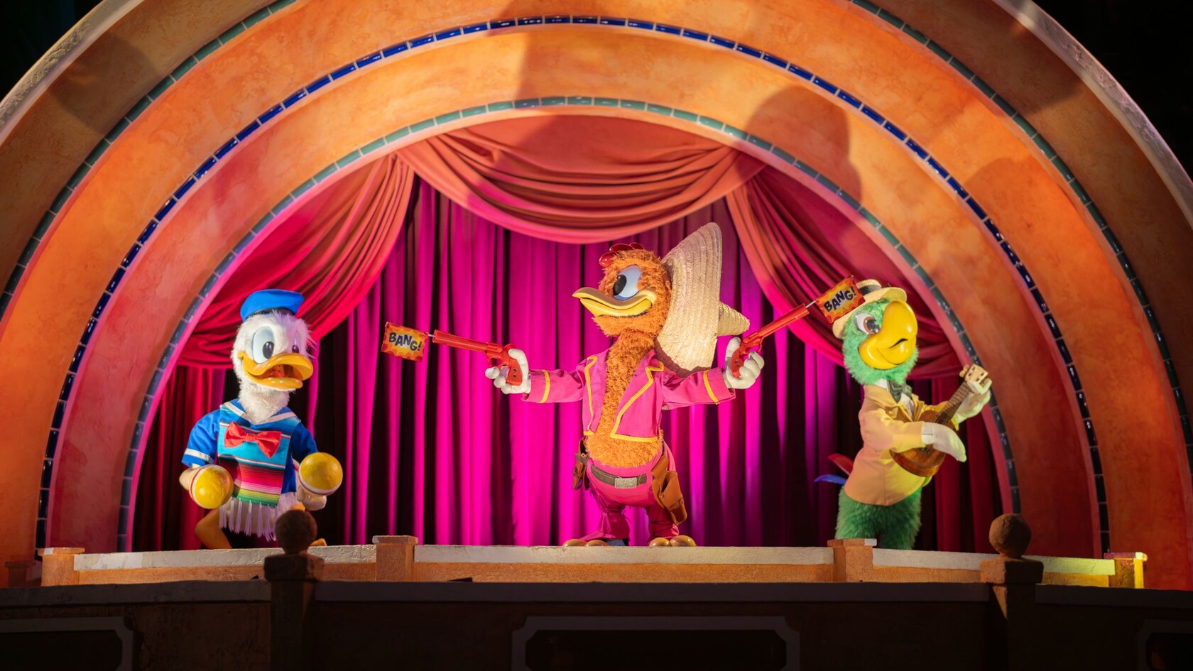 Donald Duck, Panchito Pistoles and José Carioca performing during Gran Fiesta Tour Starring The Three Caballeros