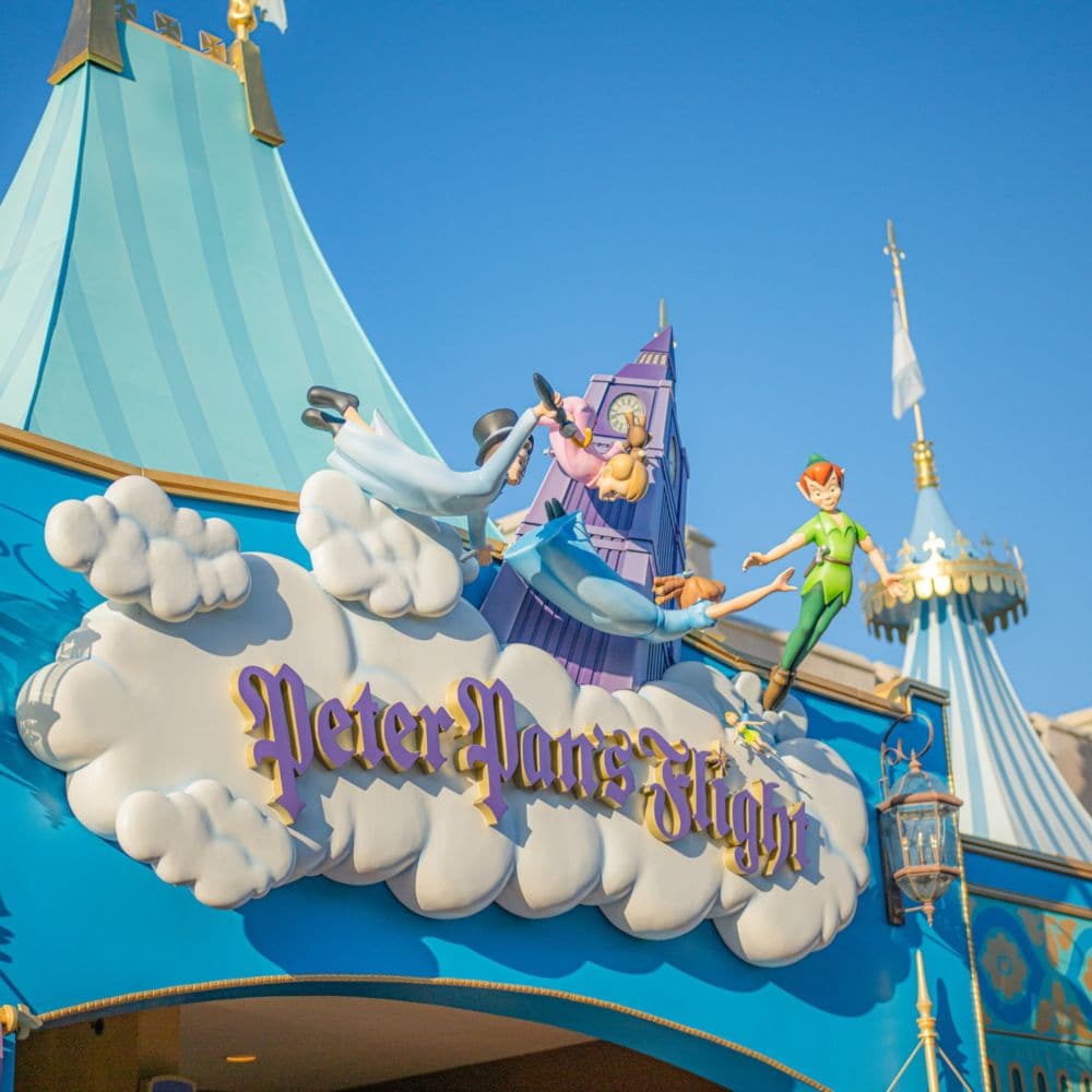 A sign for Peter Pan’s Flight in Magic Kingdom park