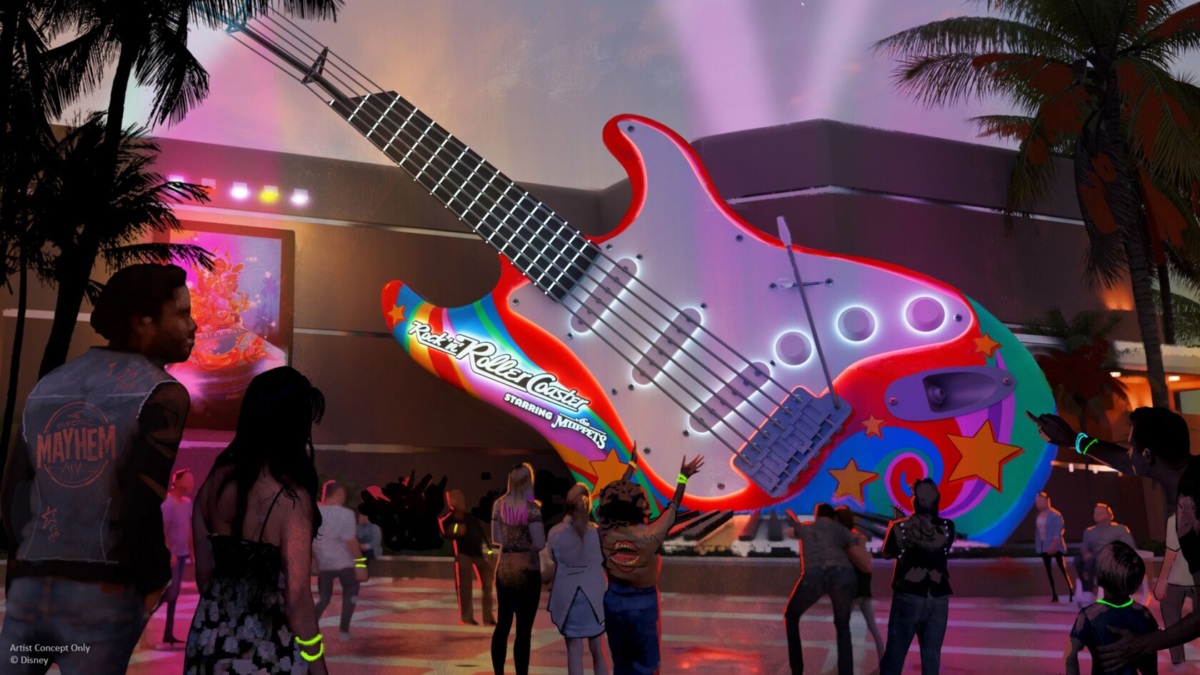 An artist concept image of a giant guitar in a courtyard, with the logo for Rock ‘n’ Roller Coaster Starring The Muppets