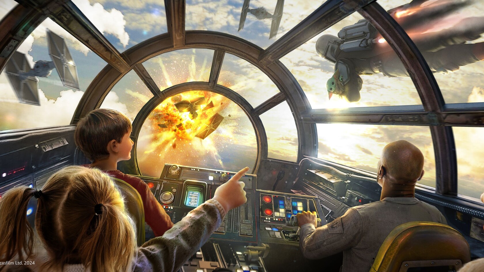A group of Guests in the cockpit of the Millennium Falcon at at Disney's Hollywood Studios