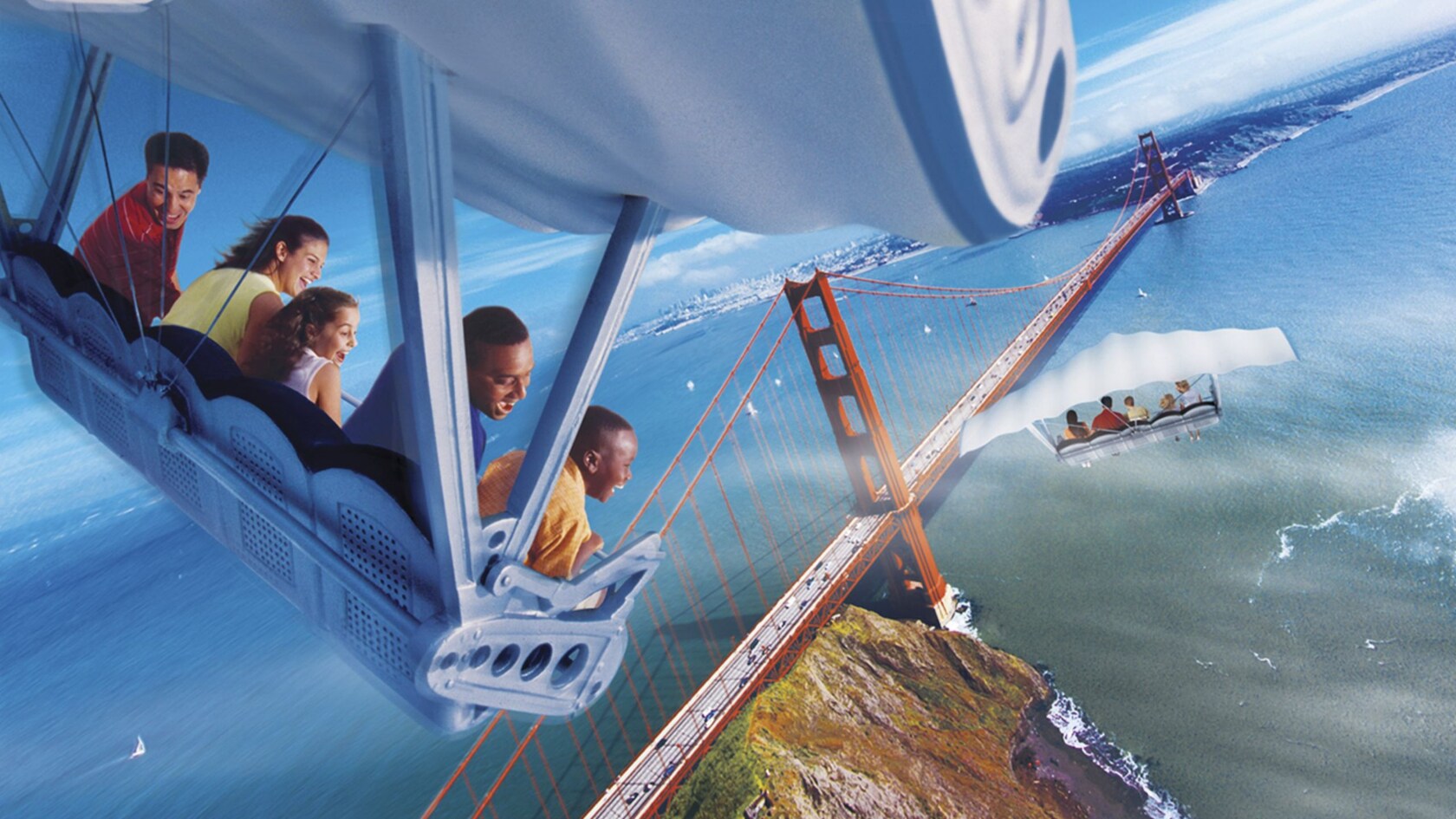 A family smiles while flying over the Golden Gate Bridge on the Soarin Over California attraction