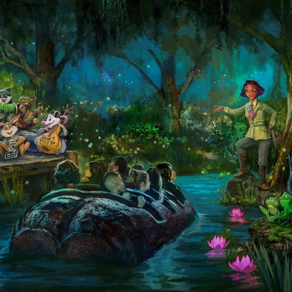 An artist rendering of Guests traveling through a bayou on a log flume, passing by Princess Tiana and Louis the alligator on the Tiana’s Bayou Adventure attraction