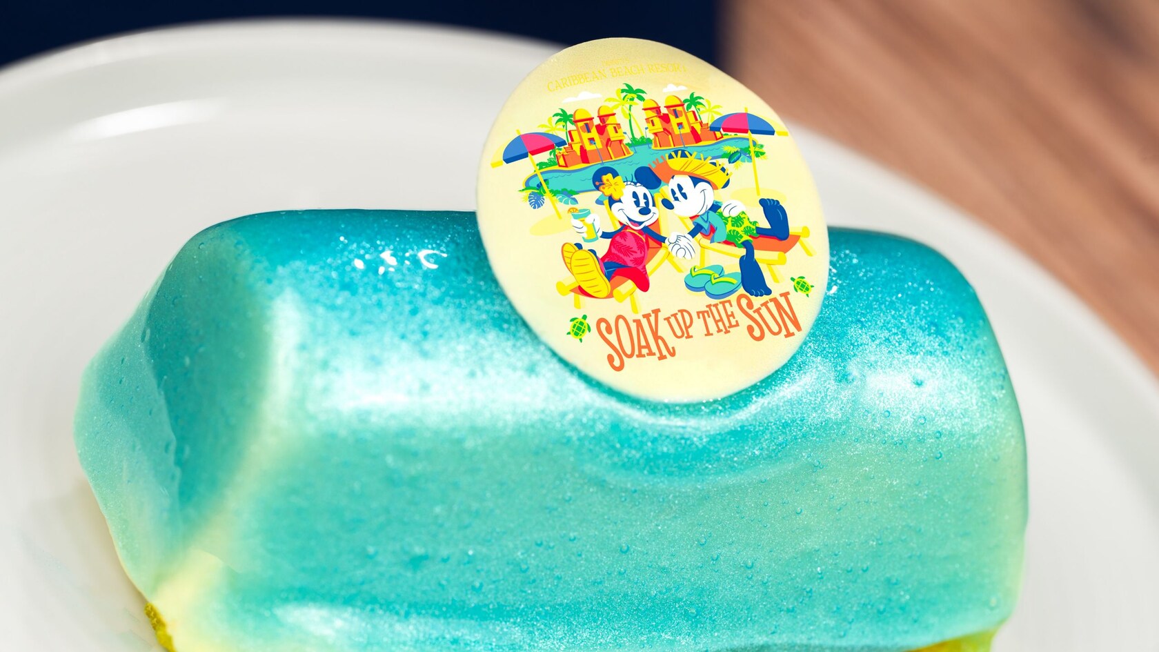 Tropical Mousse Cake featuring a Mickey and Minnie topper at Disney’s Caribbean Beach Resort