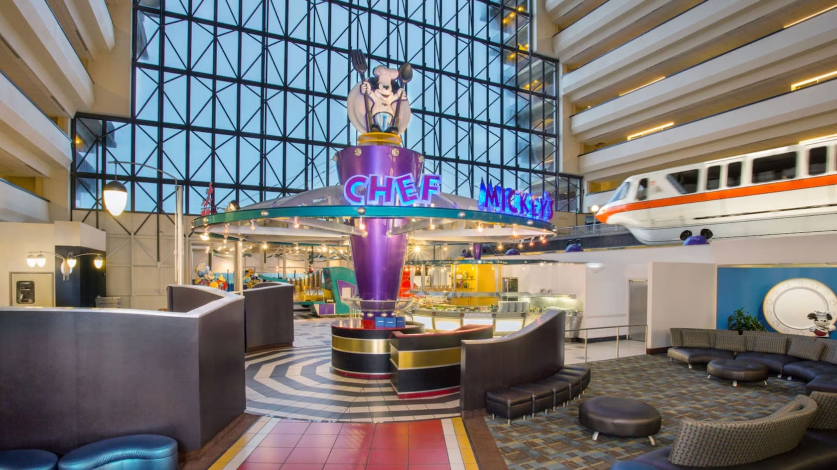 Chef Mickey’s inside of Disney's Contemporary Resort features a Monorail passing through the Resort hotel