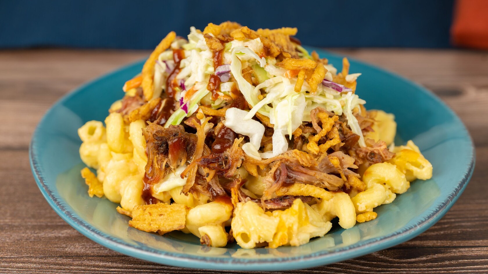 A plate of Baked Macaroni and Cheese with Pulled Pork from Eight Spoon Café in Disney’s Aninal Kingdom theme park