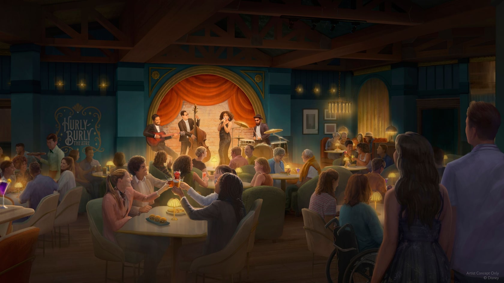 Artist conceptual rendering of Guests dining and enjoying live music at Hurly Burly at Disney’s Boardwalk