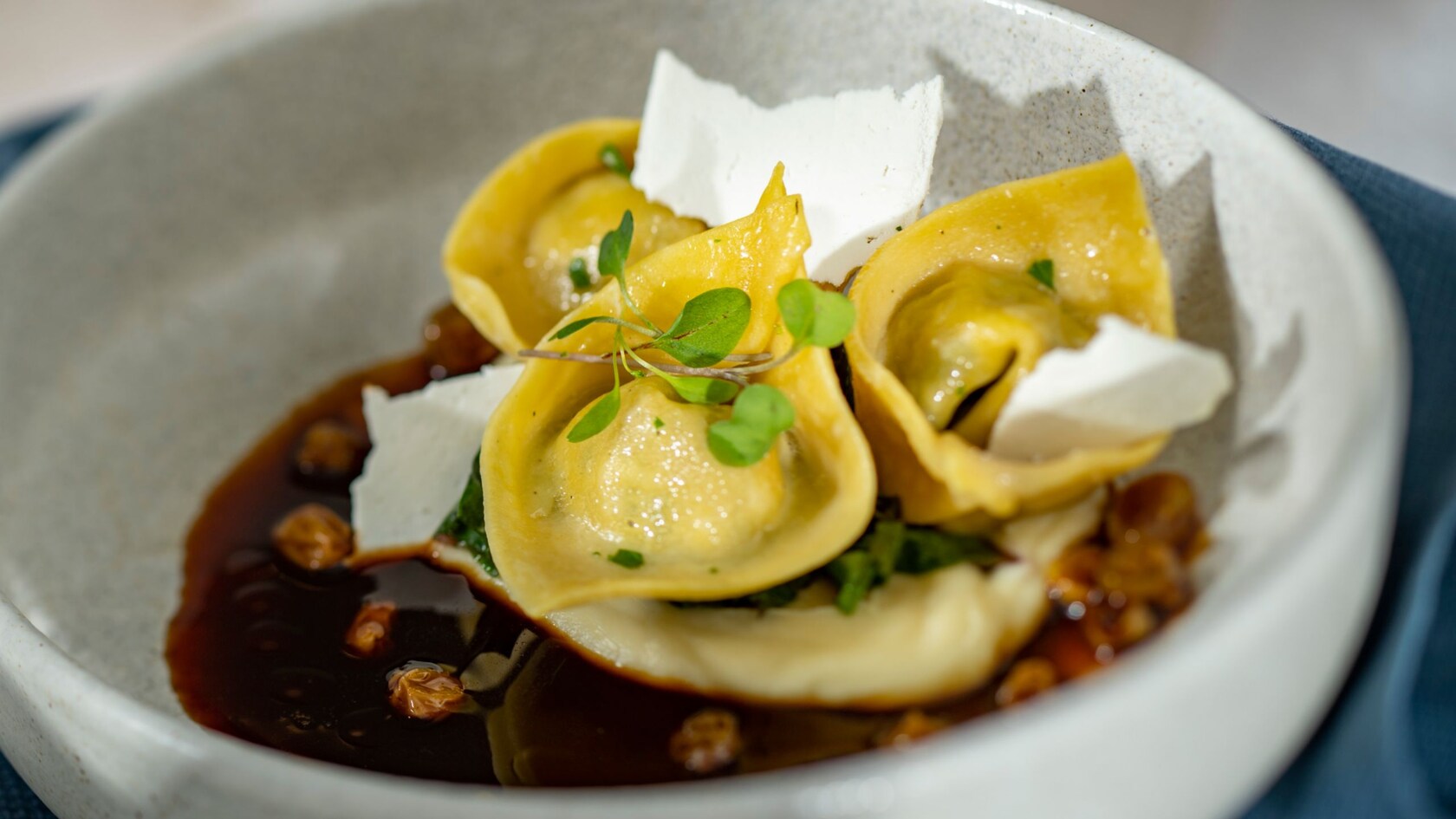 Brisket and Ricotta Tortelloni served on a plate