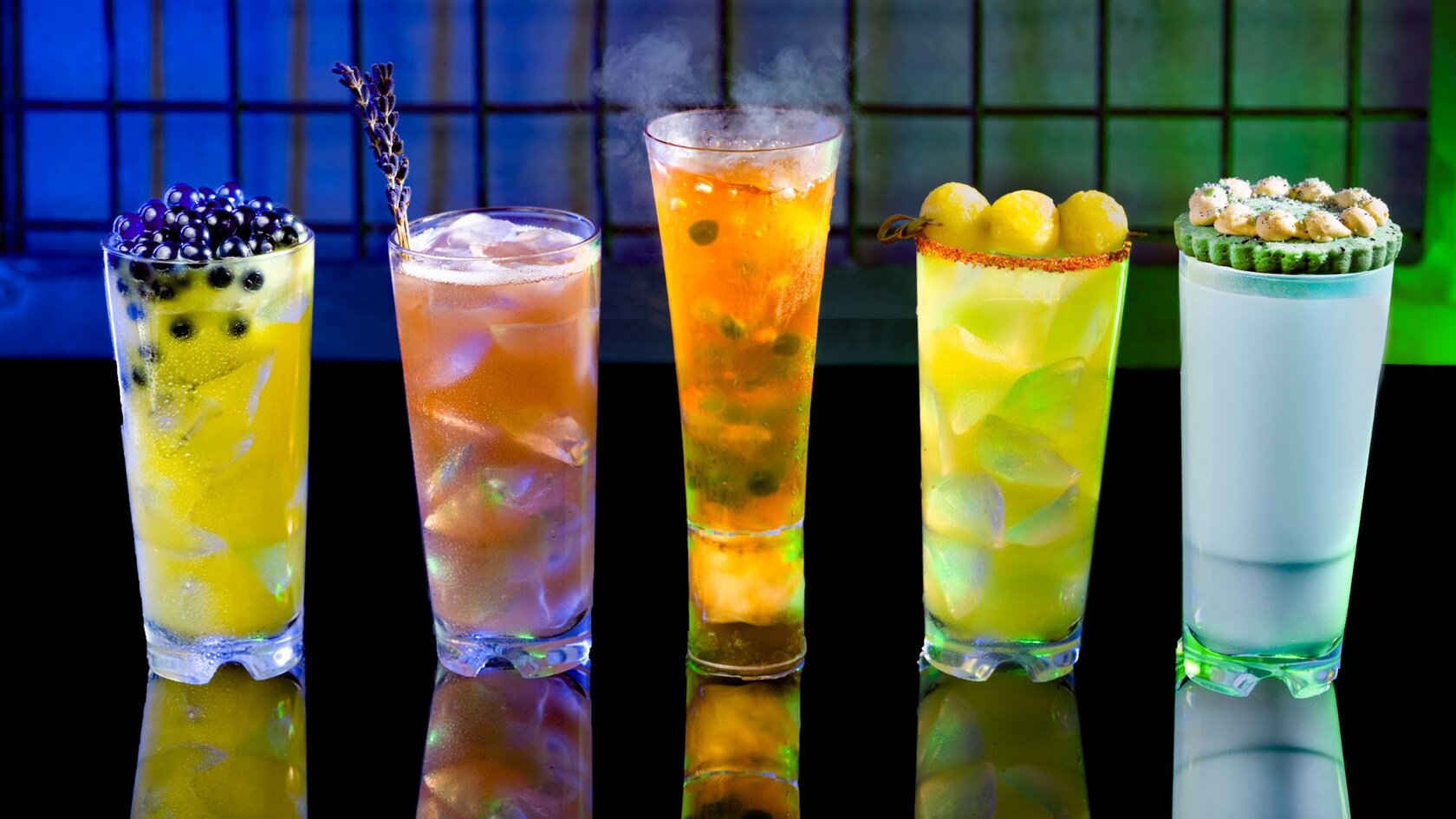 A selection of nonalcoholic Star Wars themed drinks available at Oga’s Cantina in Disney’s Hollywood Studios, including Jabba Juice, Akivan Tea, Carbon Freeze, 3 Suns Over Batuu and Blue Bantha