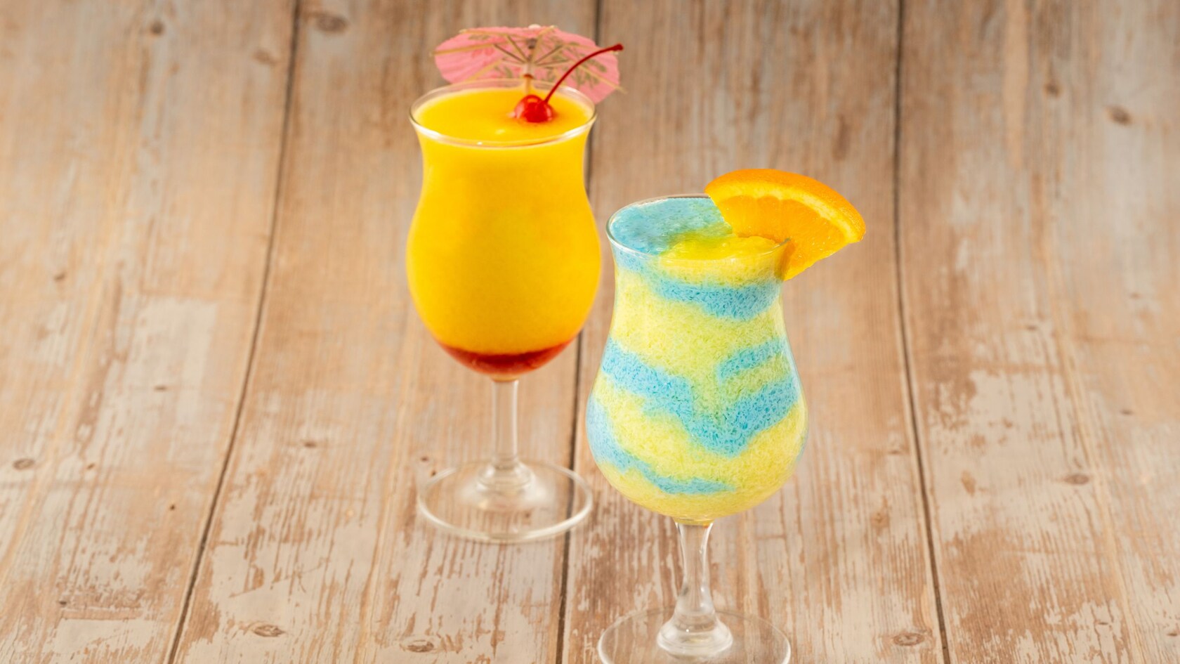 A glass of the Flounder Colada of Reason and a glass of the Sebastian Island Paradise mocktails 