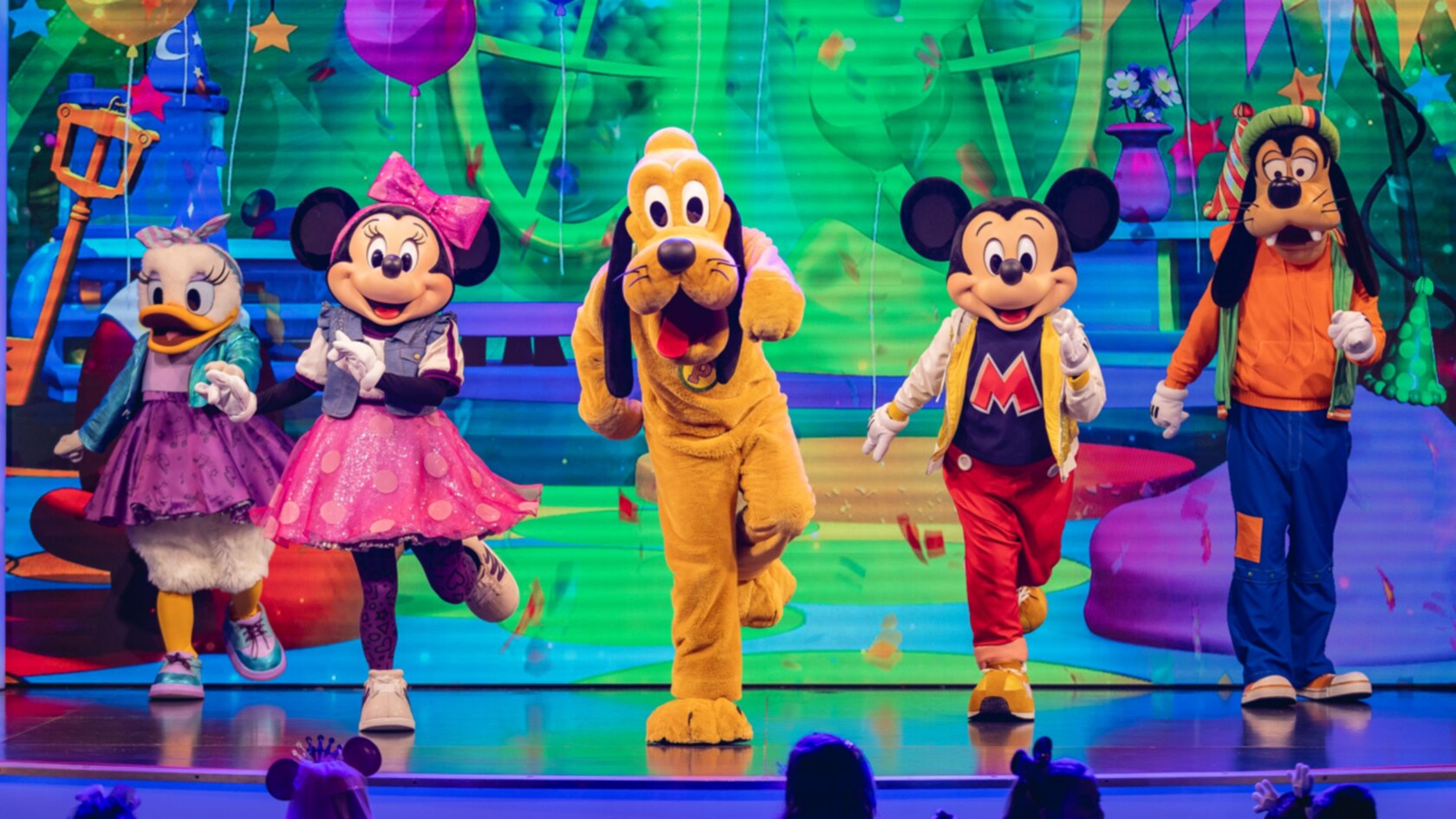 Daisy Duck, Minnie Mouse, Pluto, Mickey Mouse and Goofy on stage during Disney Jr. Mickey Mouse Clubhouse Live!