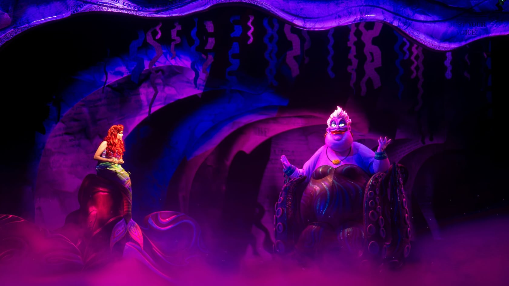 Ariel is confronted by the evil and powerful Ursula, a sea witch, in her spooky, undersea lair