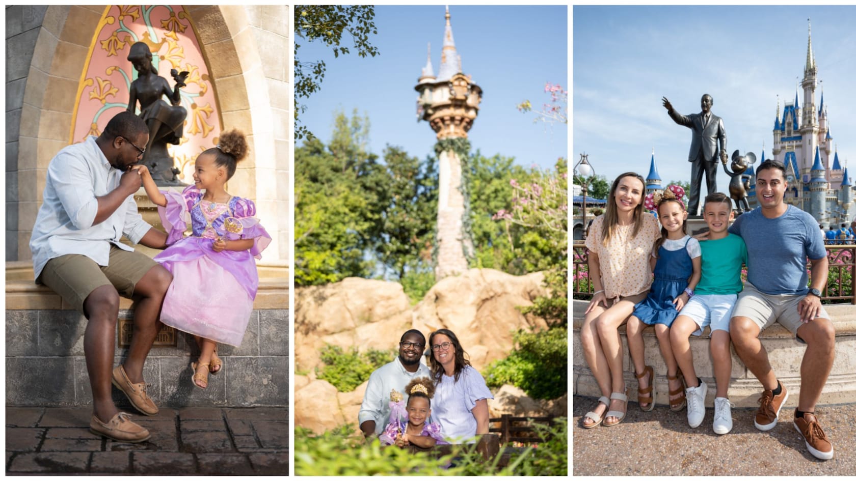 A series of 3 photos featuring families in front of iconic Magic Kingdom park landmarks