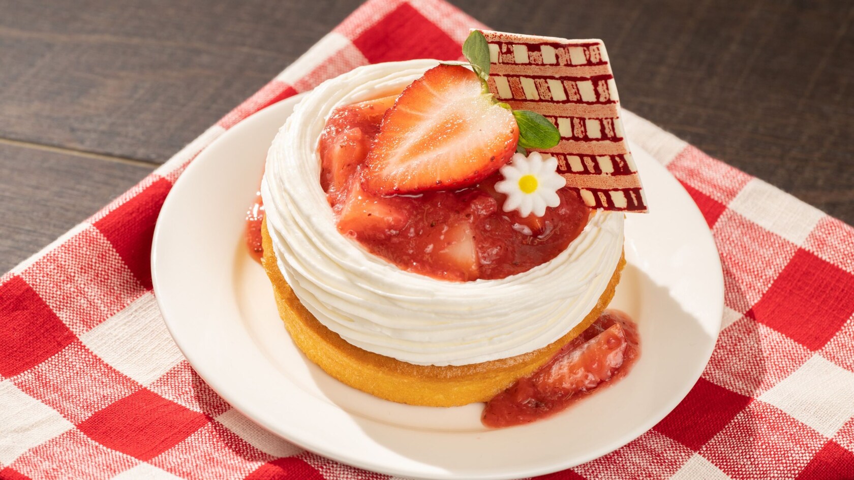 Strawberry shortcake with fresh strawberries on a plate from Trails End Restaurant 