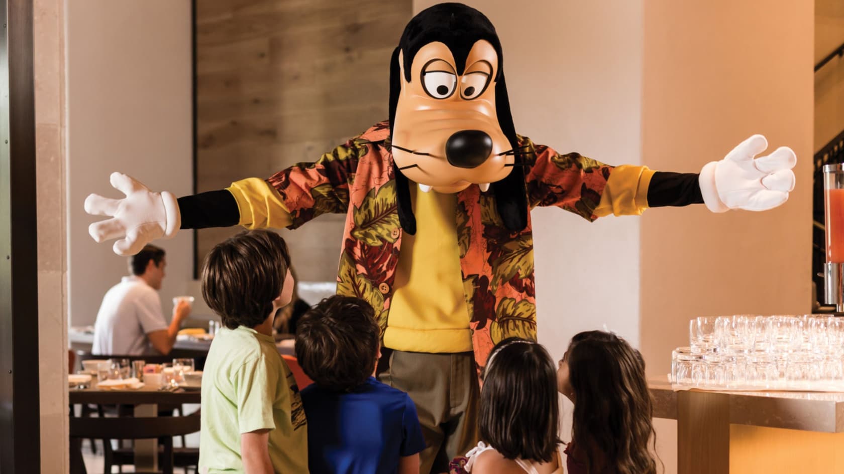 Goofy greeting young children in Ravello at the Four Seasons Resort Orlando