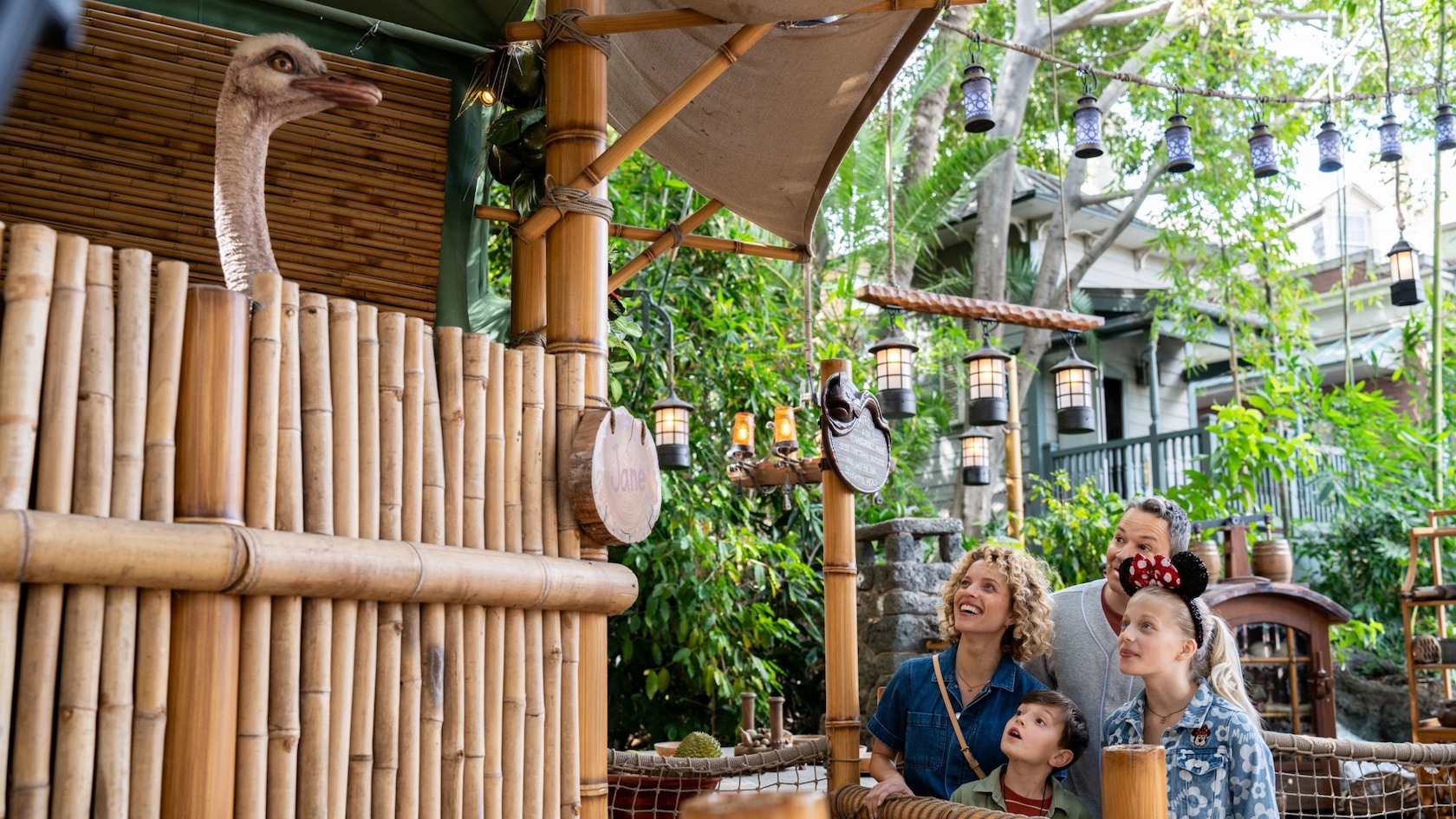 A family of four looking at an ostrich at Adventureland Treehouse inspired by Walt Disney's Swiss Family Robinson