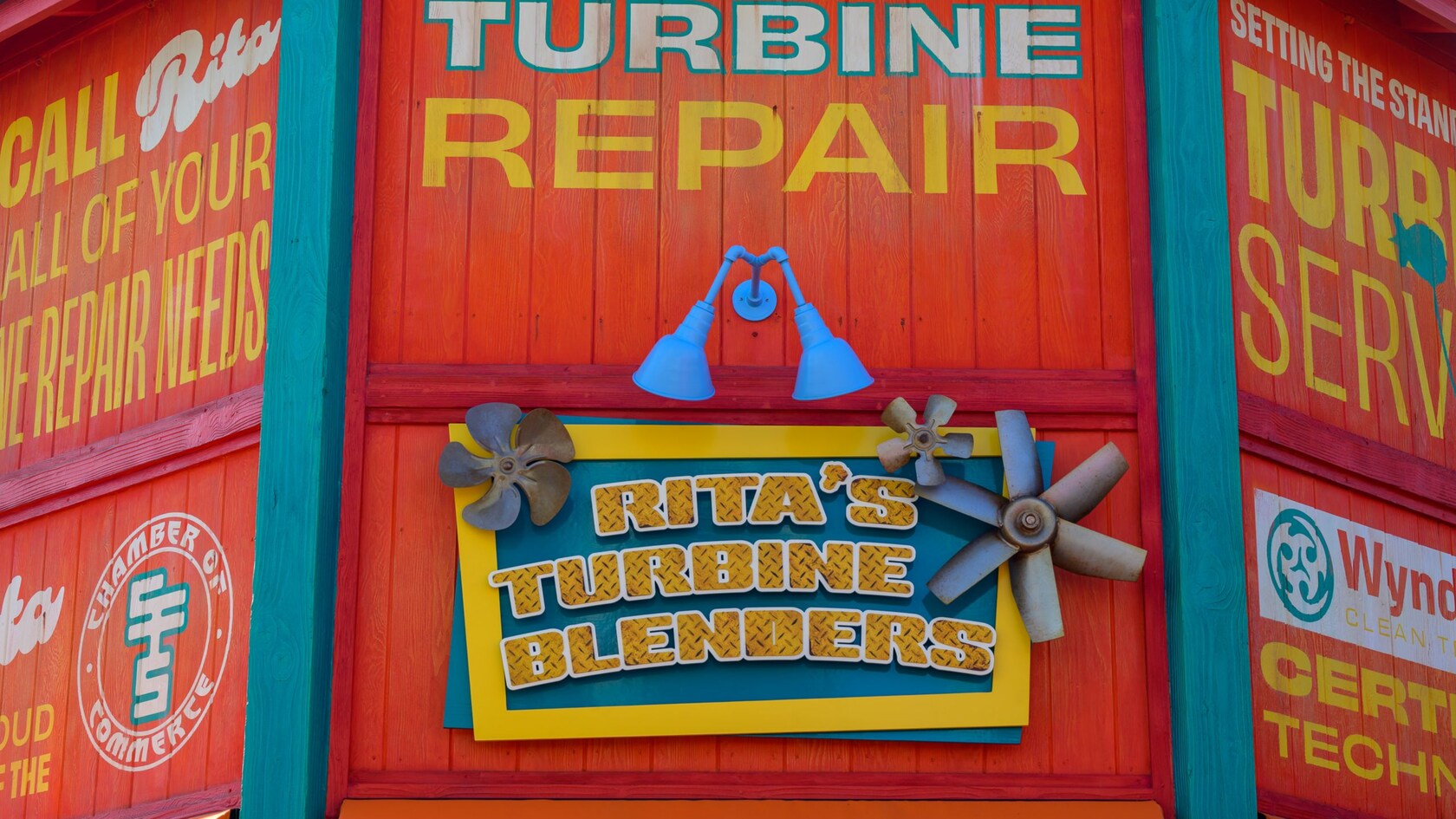 Outdoor signage for Ritas Turbine Blenders, a dining location located in San Fransokyo Square at Disney California Adventure Park