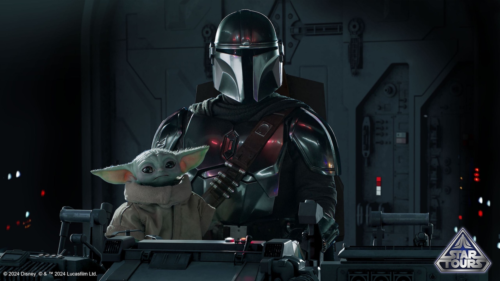 Din Djarin and Grogu at a set of controls with a Star Tours icon