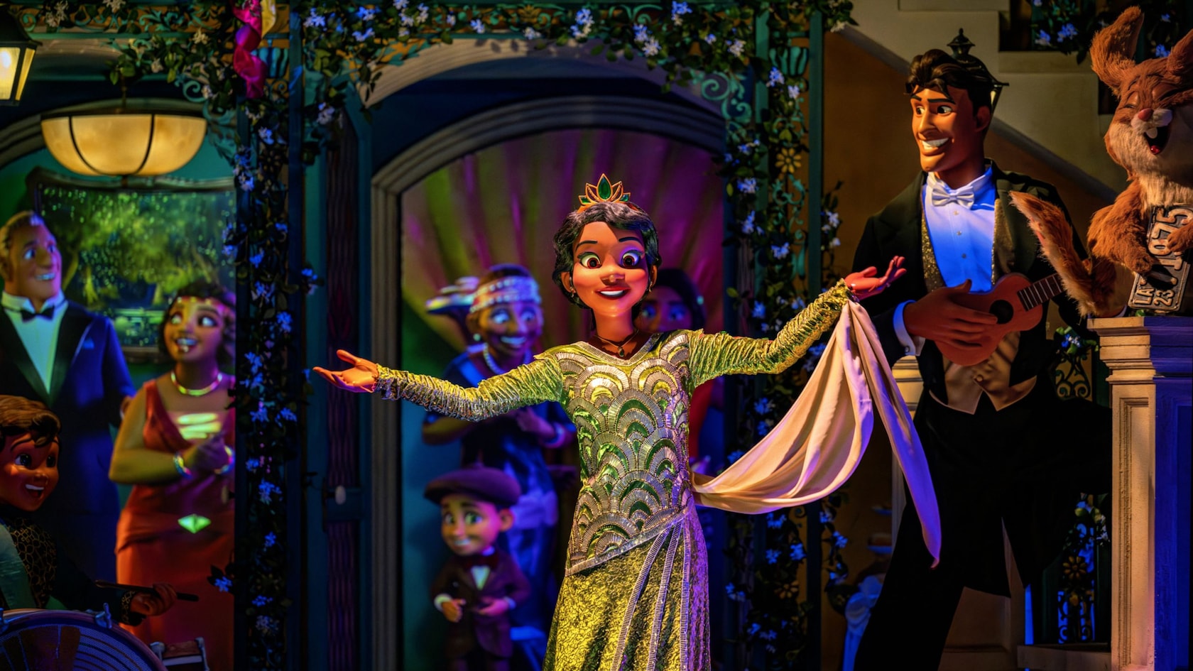 La princesa Tiana, el príncipe Naveen y el príncipe Ralphie cantan y tocan instrumentos en Tiana’s Bayou Adventure