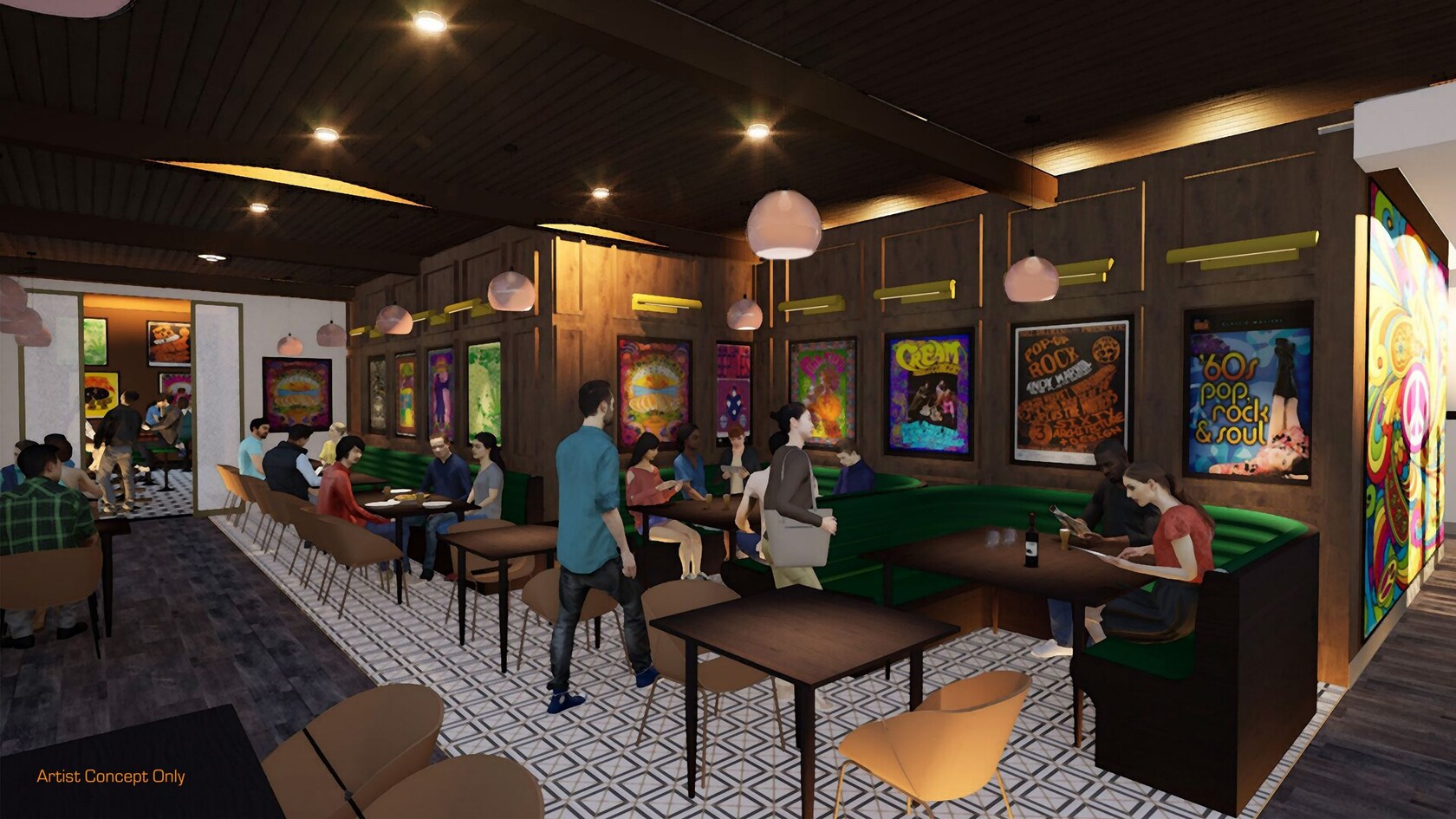 An artist rendering of Guests in a dining area with 1960s decor in Gordon Ramsay at The Carnaby